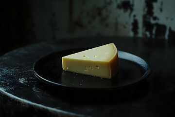 A Tempting Gouda Cheese Wedge Displayed on a Sleek Black Plate, Perfect for Food Enthusiasts and Culinary Art