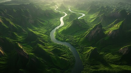 Winding River Through Green Valleys in Bright Light