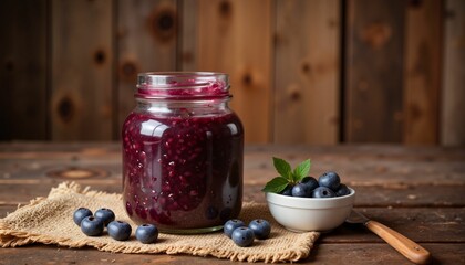 Jar of blueberry jam on wooden table with fresh blueberries