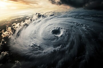 A major hurricane approaching the coast, with dark clouds and strong winds. 