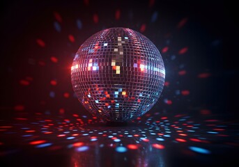 Shining Disco Ball Reflecting Red and Blue Lights Creating Party Atmosphere