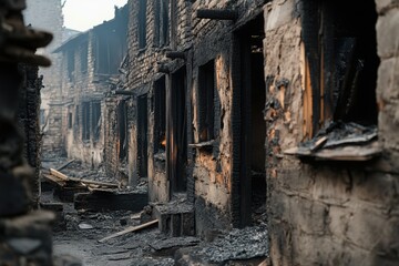 Fototapeta premium Damaged houses after the fire, with charred structures and blackened walls. 