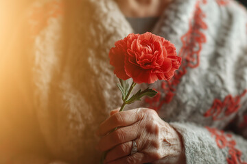Remembering Carnation revolution of 25th of April of 1974. Old woman holding a red carnationon flower, celebrating Freedom day of Portugal