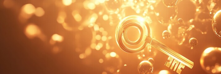 Fototapeta premium Golden key amidst glowing bubbles represents unlocking potential in creativity and innovation. Generative AI