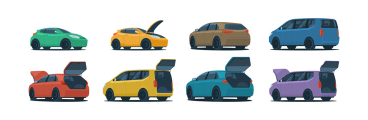 A set of cars with open trunks and hoods. Vector illustration. © lyudinka