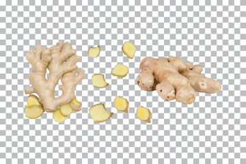 Floating Ginger Slices with Whole Root on transparent background