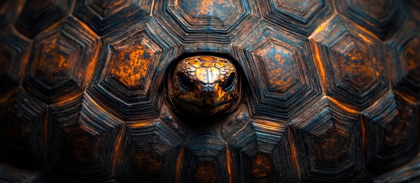 Close-up of a tortoise's head peeking from its shell, showcasing intricate shell patterns and textures.