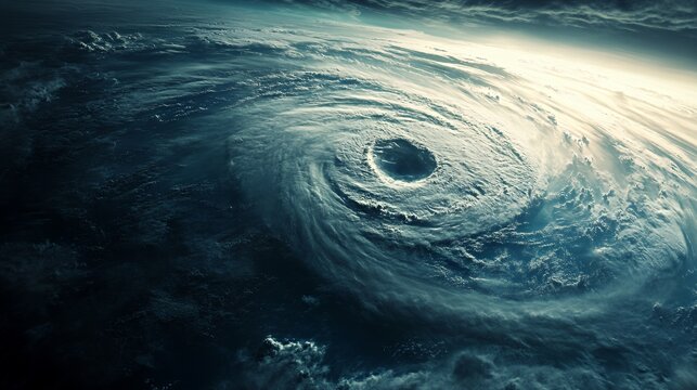 A powerful hurricane swirling over the ocean with a defined eye and dramatic cloud formations.