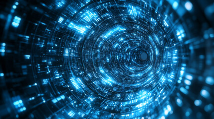 A 3D wireframe tunnel with a perspective grid background, creating an optical illusion of spiral motion. The abstract geometric design evokes retro-futuristic cyberpunk aesthetics and modern geometry