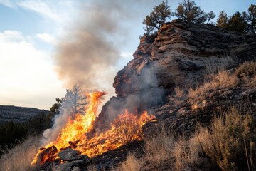 Fototapeta premium A fire in a national park, where the fire is burning through dry grasses and shrubs. 