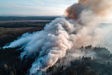 A large area of forest engulfed in flames during strong winds, with huge columns of smoke. 