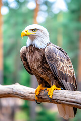 Obraz premium Bald eagle perched on branch in forest