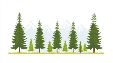 Fototapeta premium Scenic pine tree landscape with mountain backdrop ideal for nature themed designs and graphic resources in natural green tones illustration