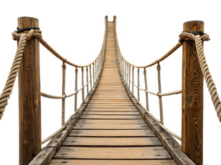 Fototapeta premium Wooden Suspension Bridge with Rope Railings Isolated on White Background as Transparent. PNG. AI GENERATED