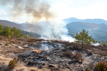 A forest fire in the mountains, where the fire spreads over large areas, with smoke rising into the sky. 