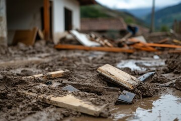 Fototapeta premium Mudslides in rural areas after a flood, with mud and remains of household belongings in the fields. 