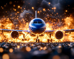 Burning airplane crash dramatic scene