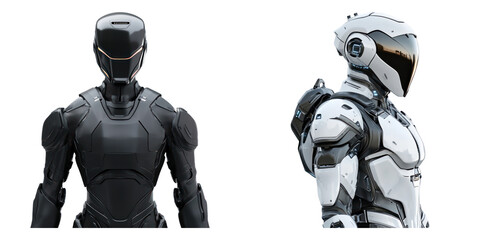 Futuristic robot suits designed for sci fi adventures, showcasing advanced technology and sleek aesthetics