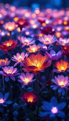 Obraz premium Magical glowing flowers illuminate the night with vibrant colors and a peaceful atmosphere Perfect for phone wallpapers and digital art.