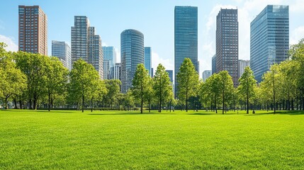 Obraz premium Urban park scenery with green grass lawn trees and modern city skyline creating a tranquil metropolitan oasis of sustainability
