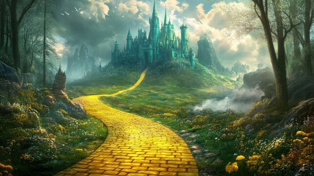 Enchanted yellow brick road leading to magical emerald city in springtime , Fantasy, Oz, Magicians