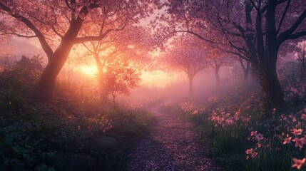 Enchanting Pathway Through Pink Cherry Blossom Trees in a Misty Forest at Sunset