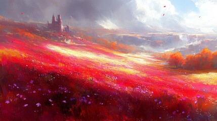 Crimson blooms on the horizon a visionary landscape amidst a distant village creating an unforgettable experience for viewers eyes
