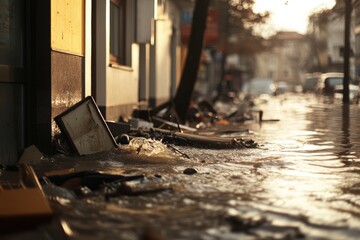 A wall of water flooding the city after a dam burst, with debris from buildings and floating objects. 