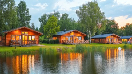 Obraz premium Charming Rustic Cabins by Lakes at Twilight