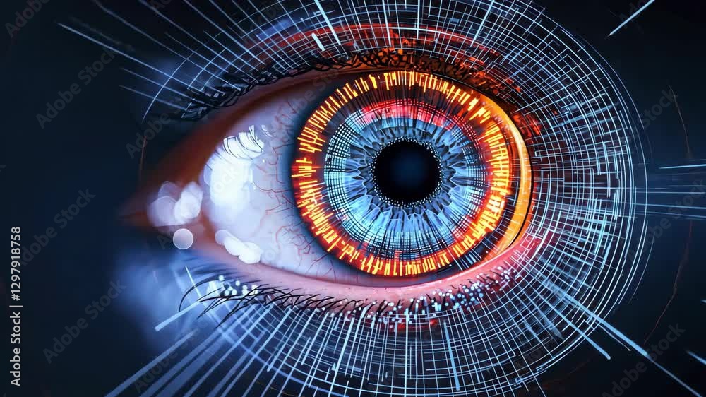 Poster digital eye with vibrant colors and abstract patterns futuristic blend of blue and orange hues symbo