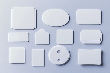 Collection of blank white paper shapes and tags on a light purple background.