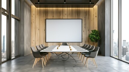 Modern Office Meeting Room with Wooden Wall and Big Window