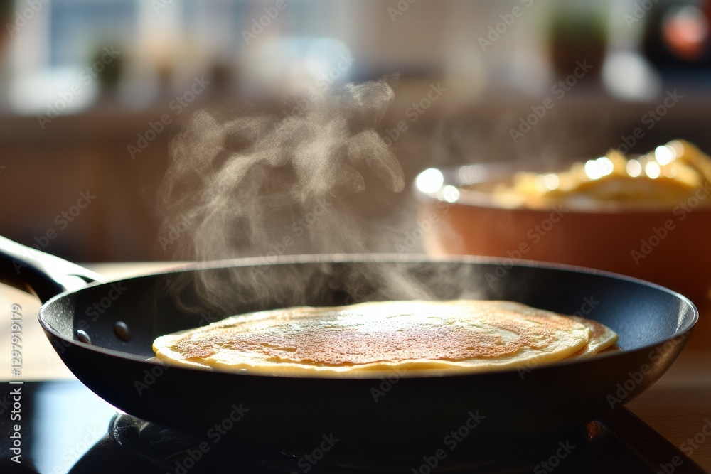 Poster fluffy pancake cooking in a skillet with steam rising in a cozy kitchen setting during breakfast tim