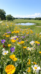 Colorful wildflowers by a pond, sunny day, rural landscape, nature photography