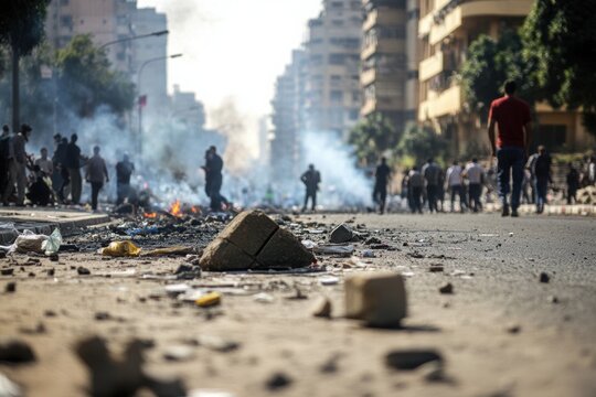 A mass protest that turns violent, with barricades and security forces. 