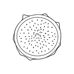 Dragon Fruit Slice Illustration: A minimalist black and white illustration of a sliced dragon fruit, showcasing its unique texture and design, perfect for culinary or design projects.
