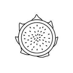 Dragon Fruit Delight: A clean line art illustration showcases a dragon fruit cut in half, revealing its unique texture and tiny black seeds in this delicious fruit. 