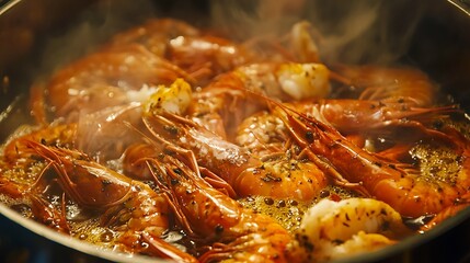 Spicy Boiled Shrimp with Herbs Seafood Cooking Photography