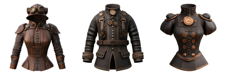 Naklejka premium Steampunk outfit featuring Victorian inspired designs with gears and leather accents. Unique and stylish costumes for creative