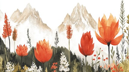 Watercolor mountain range view with floral meadow illustration serene nature landscape botanical artwork fresh spring blossom scenery