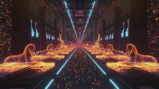 Mystical Ancient Egypt Cyber Holographic Temple - Loop - Abstract Fantasy Immersive Appeal Tunnel Background