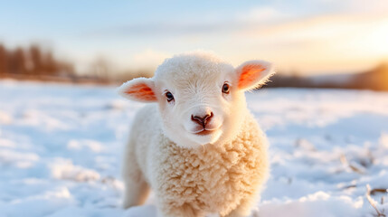 Obraz premium Cute lamb in snowy field at sunset. Possible use for children's books or animal welfare campaigns