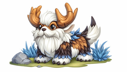 Cute mythical creature, standing on grass, whimsical fantasy art, for children's book illustration