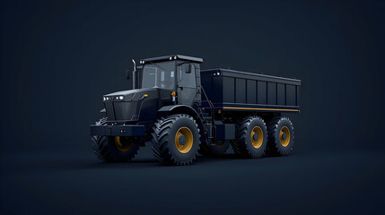 Fototapeta premium Dark Blue Pixel Art Dump Truck With Gold Wheels On Dark Studio Background