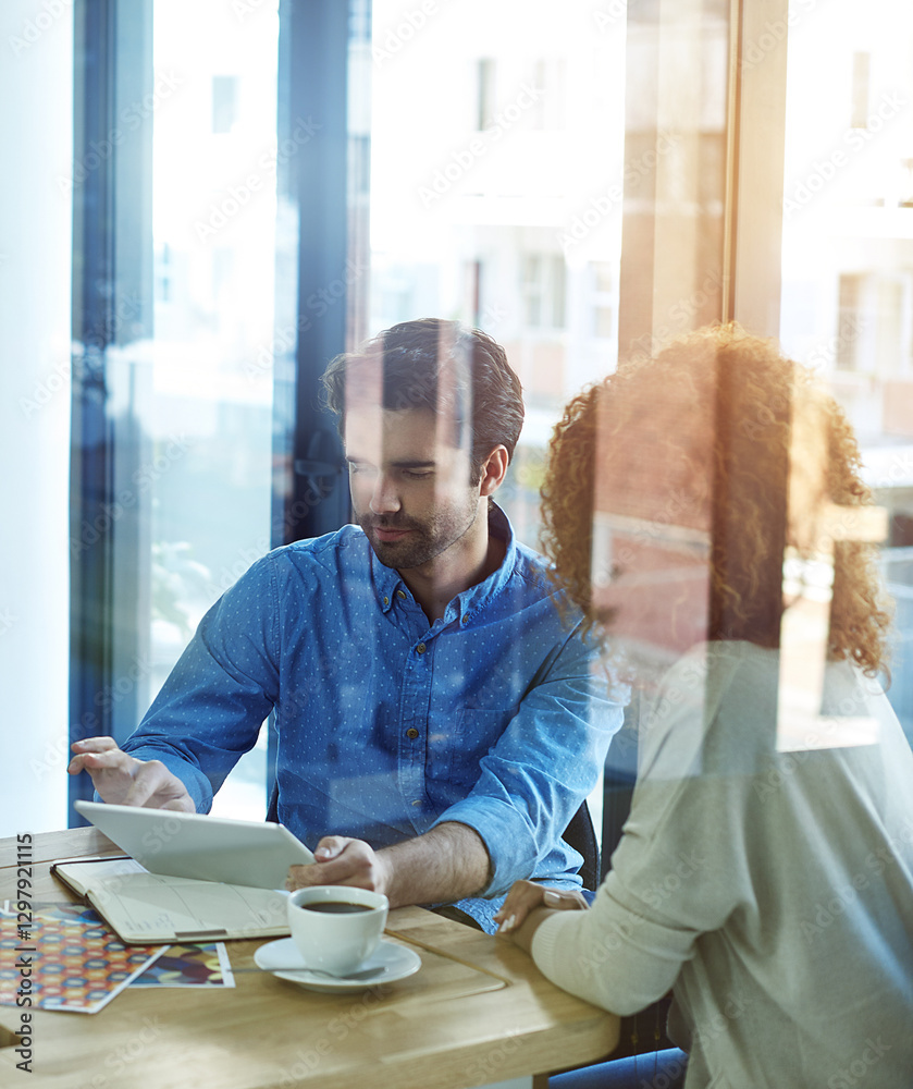 Poster glass, teamwork and people with tablet, office and feedback for article, colleagues or blogger with 