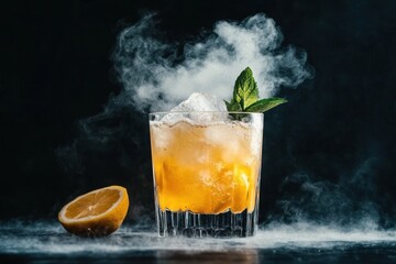 Smoky iced cocktail with lemon mint garnish on dark background