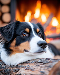 Dog resting by fireplace, cozy scene, warm atmosphere, possible use for pet product ad