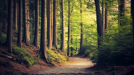 Obraz premium Hiking path through dense forest. Light shines through