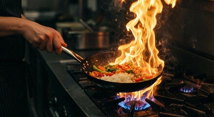 A chef cooks food in a frying pan over a gas stove, creating large flames in a commercial kitchen.