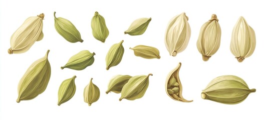 Collection of green and beige cardamom pods, isolated on white background.